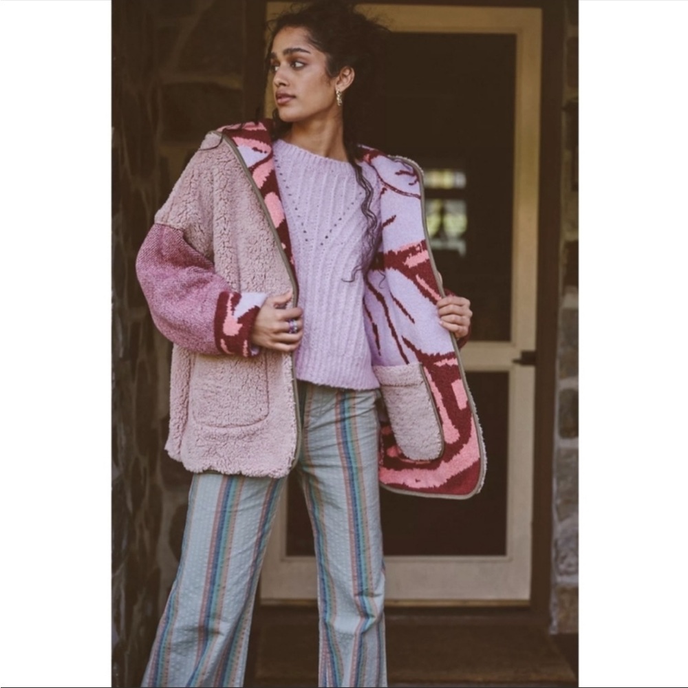 NWT $268 Free People Fuzzy Orchid Rose Combo Winter Chill Reversible Cardigan - Picture 3 of 8